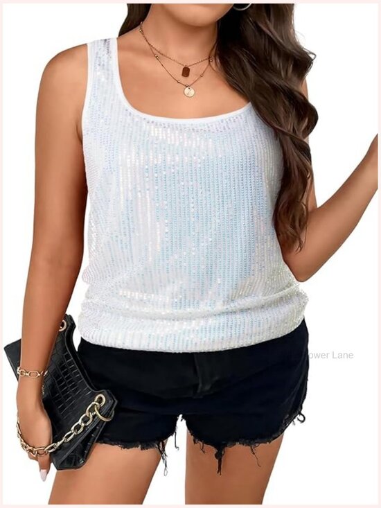 Tops - Plus Size Sequin Tank Top Sleeveless Square Neck Sparkly Club Party Shirt